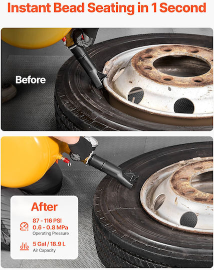 Vevor Tire Bead Blower 5 Gal 18.9 L Heavy Duty Tire Bead Blower Tool 87-116 Psi Operating Pressure Air Blower Pickup Truck Atv Jeep Van Tractor Lawn Mower Rv Yellow