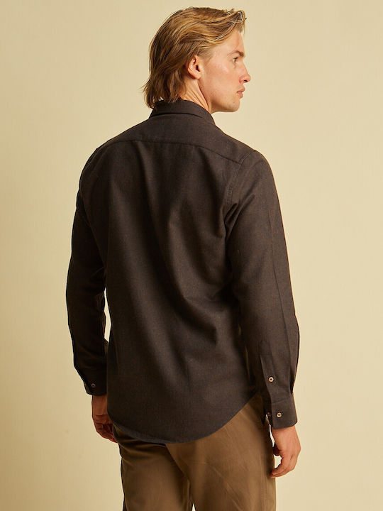 Μακρυμάνικo Φανελένιο Overshirt σε Κανονική Γραμμή Καφέ