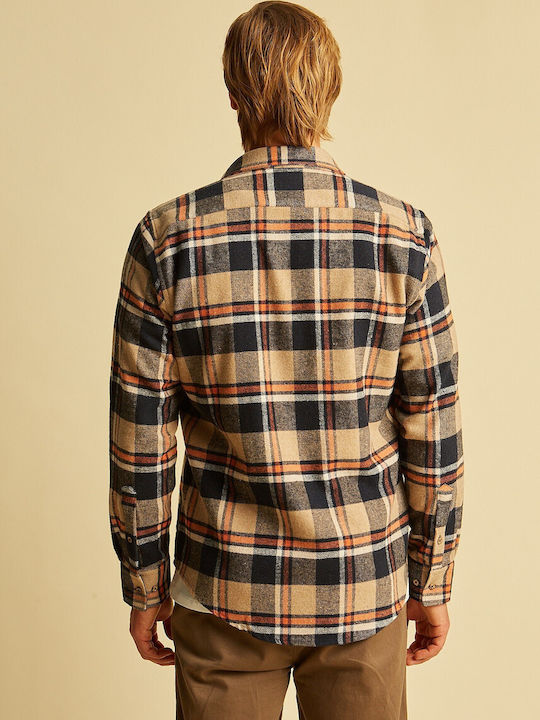 Μακρυμάνικo Φανελένιο Overshirt σε Κανονική Γραμμή Καρό Χακί