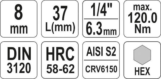 Yato Biți Cu Cap Hexagonal Allen Și Dimensiunea De Conducere 1/4'' Mărime H8x37mm