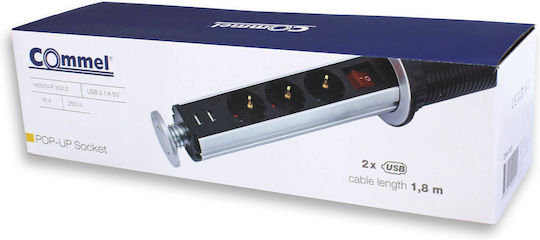 Commel Walled Desk Power Socket 3 Sockets 1.8m with 2 USB Ports and Switch
