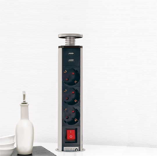 Commel Walled Desk Power Socket 3 Sockets 1.8m with 2 USB Ports and Switch