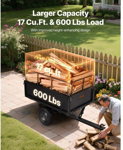 Vevor Garden Utility Trailer 17 Cubic Feet Capacity 272 kg ATV UTV Steel Transport Trailer 16" Tires Manual Pull or Foot Operated Heavy Duty Towable Lawn Tractor