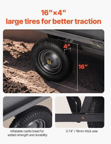 Vevor Garden Utility Trailer 17 Cubic Feet Capacity 272 kg ATV UTV Steel Transport Trailer 16" Tires Manual Pull or Foot Operated Heavy Duty Towable Lawn Tractor