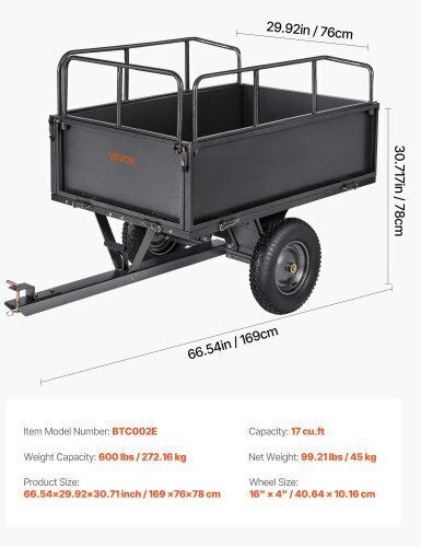 Vevor Garden Utility Trailer 17 Cubic Feet Capacity 272 kg ATV UTV Steel Transport Trailer 16" Tires Manual Pull or Foot Operated Heavy Duty Towable Lawn Tractor