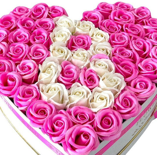 Custom Floral Arrangement Letter White Heart Box 55 Pink-White Soap Roses
