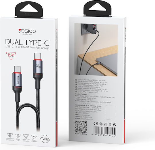 Yesido Braided USB 2.0 Cable USB-C male - USB-C 240W Black 1.2m