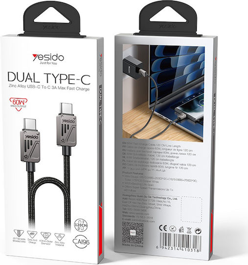 Yesido Regular USB 2.0 Cablu USB-C bărbătesc - USB-C 60W Negru 1.2m