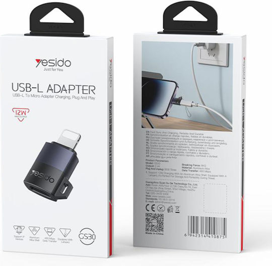 Yesido Converter micro USB male to Lightning female Gray 1pcs