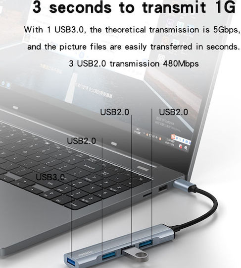 Yesido Hub 4 Θυρών USB 3.0 με σύνδεση USB-C Γκρι