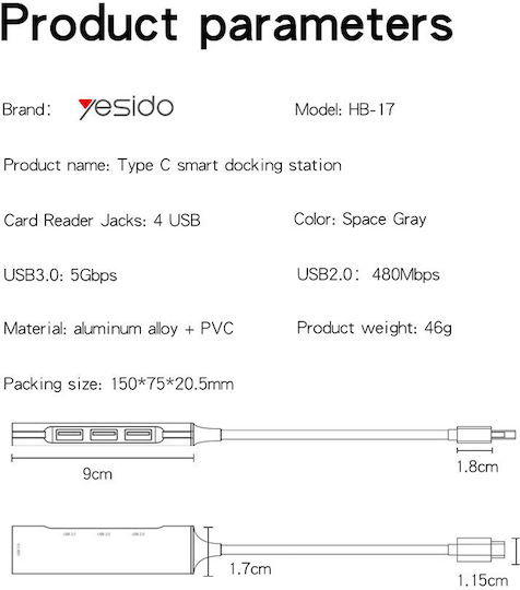 Yesido Hub 4 Θυρών USB 3.0 με σύνδεση USB-C Γκρι