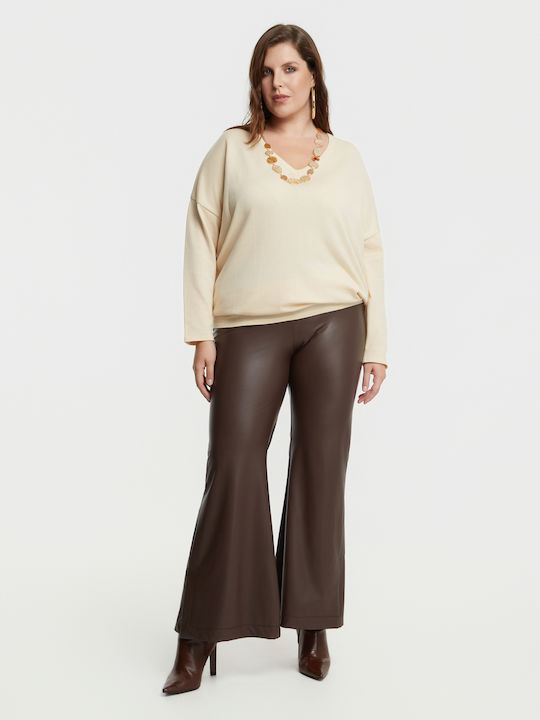 Bluza Damă Mânecă Lungă Pulover cu Decolteu în V Ecru 0000.5536.1.NETTO-vanilla