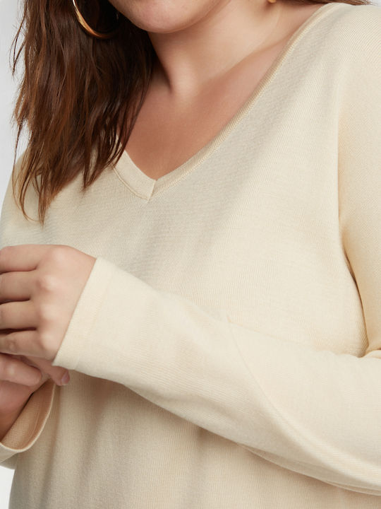 Bluza Damă Mânecă Lungă Pulover cu Decolteu în V Ecru 0000.5536.1.NETTO-vanilla