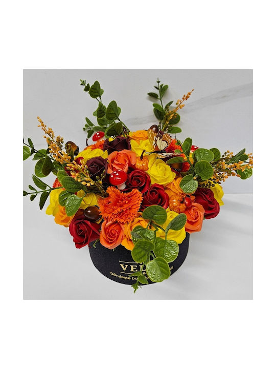 Aranjament Floral De Halloween Amber Dream În Cutie Rotundă 49 Trandafiri Săpun Crizanteme Dovleci Alune Ciuperci