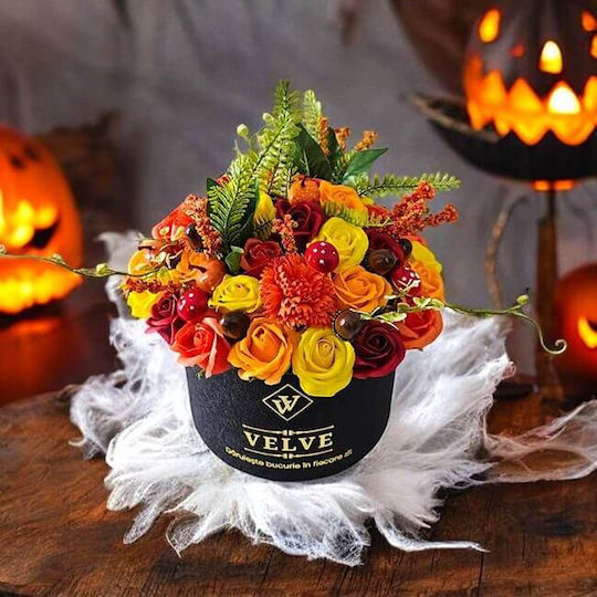 Halloween Floral Arrangement Amber Dream In Round Box 49 Soap Roses Carnations Pumpkins Acorns Mushrooms