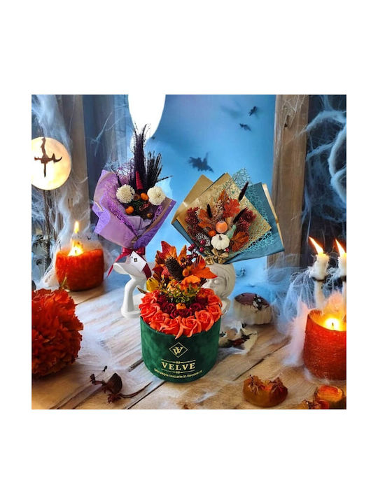 Aranjament Floral De Halloween Amber Dream În Cutie Rotundă 49 Trandafiri Săpun Crizanteme Dovleci Alune Ciuperci