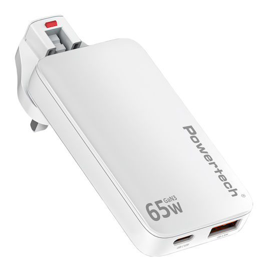 Powertech Ladegerät ohne Kabel GaN mit USB-A Anschluss und USB-C Anschluss 65W Schnellaufladung 3.0 Weißs (PT-1532)