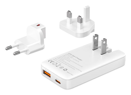 Powertech Ladegerät ohne Kabel GaN mit USB-A Anschluss und USB-C Anschluss 65W Schnellaufladung 3.0 Weißs (PT-1532)