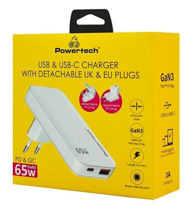 Powertech Ladegerät ohne Kabel GaN mit USB-A Anschluss und USB-C Anschluss 65W Schnellaufladung 3.0 Weißs (PT-1532)