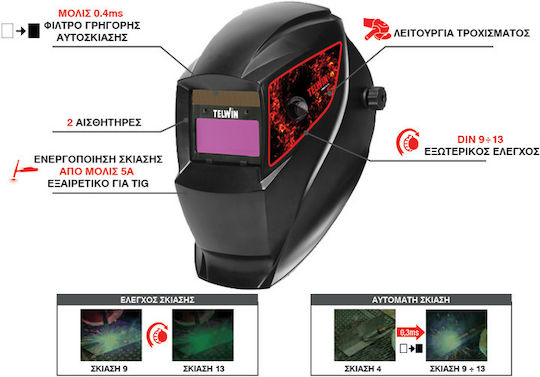 Telwin Tribe 9-13 Welding Helmet with 92x42mm Visual Field Black