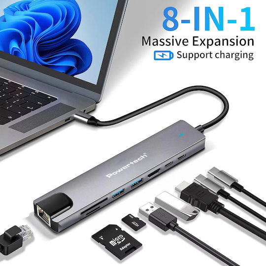 Powertech USB-C Docking Station με HDMI 4K PD Ethernet Γκρι (PT-1537)