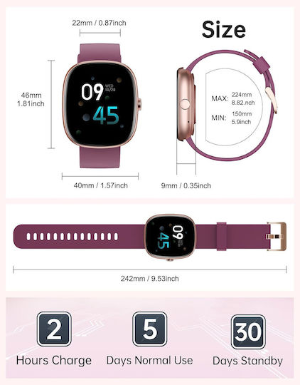 Huakua Smartwatch με Παλμογράφο (Μωβ)