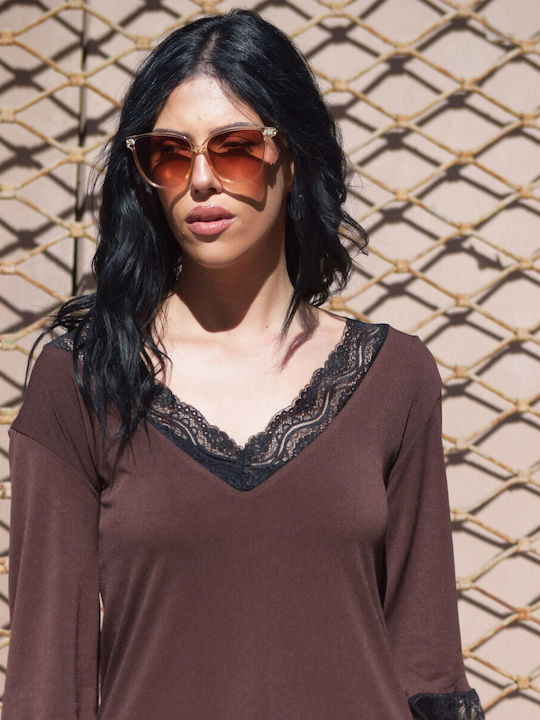 Plus Size Women's Blouse Long Sleeve with V Neckline Brown