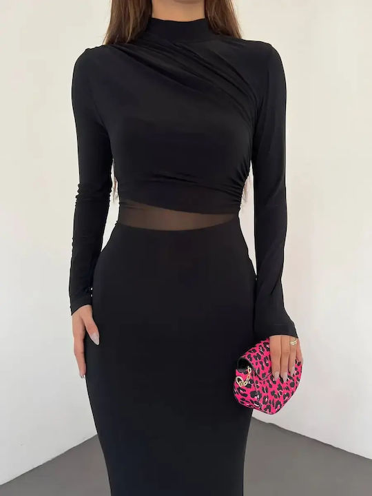 Midi Abendkleid mit Tüll und Transparenz Schwarz