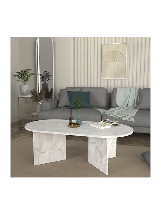 Oval Central Coffee Table Cortado Wooden White Marble Effect 120x60x39.6cm
