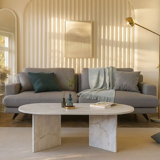 Oval Central Coffee Table Cortado Wooden White Marble Effect 120x60x39.6cm