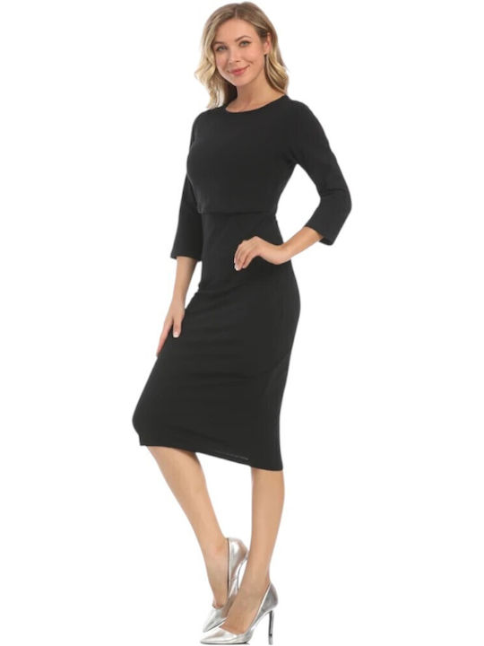 Black Casual Midi Cotton Maternity Nursing Dress Queen Mother Autumn Winter 2024 Slim Fit