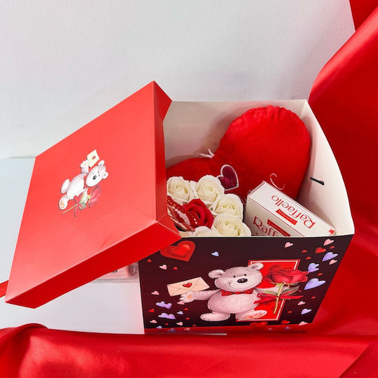 Pachet Special De Valentine Pernă Brodată În Formă De Inimă "I Love You" Praline Raffaello 80g Aranjament Floral 9 Trandafiri De Săpun Roșii