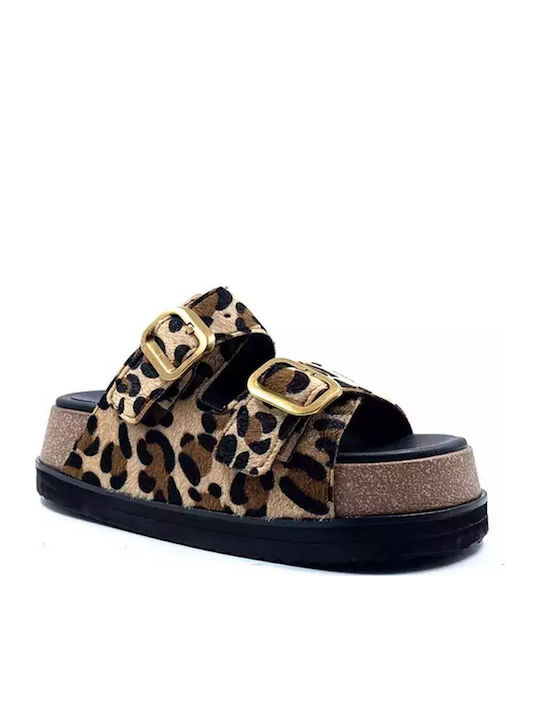 Δερμάτινα Γυναικεία Σανδάλια Flatforms Λεοπάρ