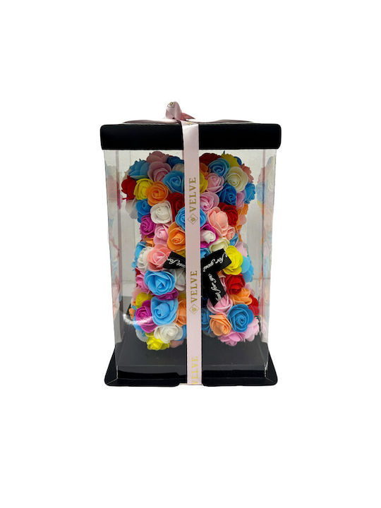 Multicolor Floral Bear Made Roses 25 Cm Hand Decorated Gift Box