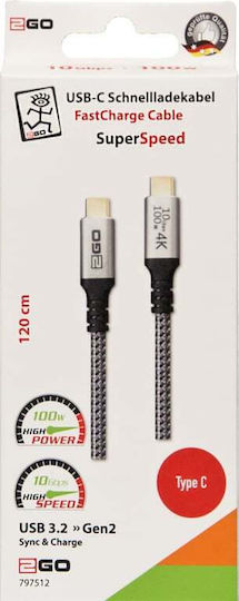 2GO Cablu USB 2.0 USB-C Masculin - USB-C 100W PD Argintiu 1.2m