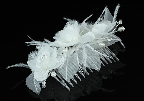 Beautiful Handmade Bridal Organza Flower Comb Crystals Faux Pearls Gilly