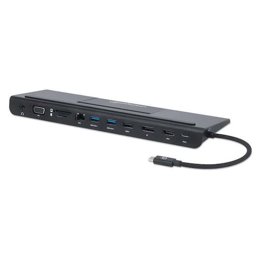 Manhattan USB-C Docking Station with DisplayPort 4K PD Ethernet and 3 Monitors Connection Black