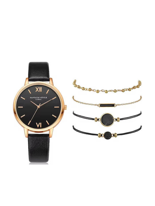 Set Womens Battery Watch With Black Leather Strap
