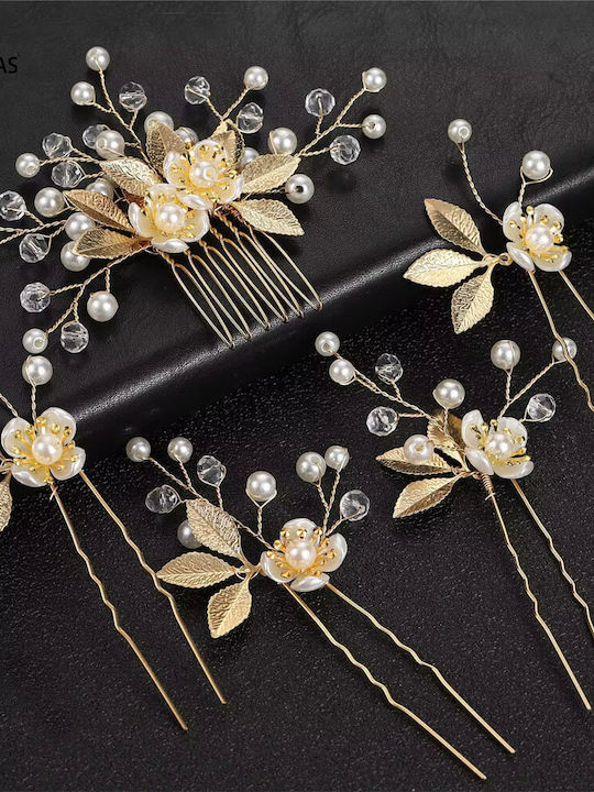 Bridal Hairpin Comb Set Pearls Leaves Gold or Silver Sybil