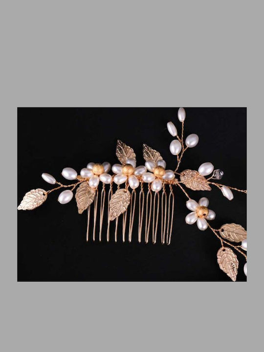 Bridal Hair Comb Leaves Pearls Beads Gold Evelyn