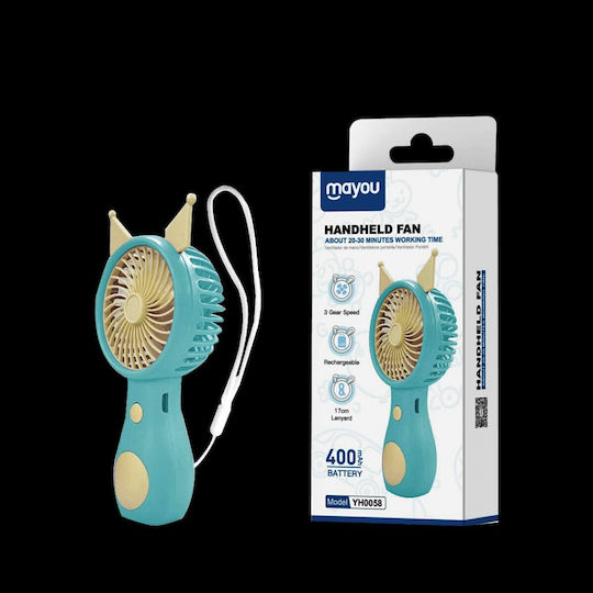 Mayou Rechargeable Handheld Fan 400mAh 5V/0.5A Type C Light Blue