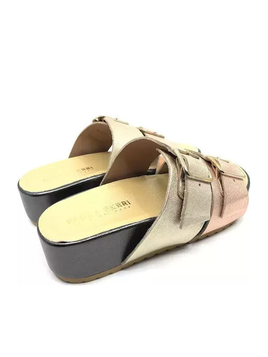 Leather Women's Flat Sandals in Gold Color