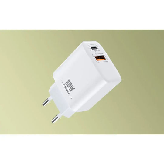 Remax Ladegerät ohne Kabel mit USB-A Anschluss und USB-C Anschluss 30W Stromlieferung Weißs (RP-U82)