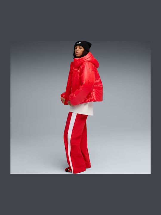 Women's Short Puffer Jacket for Winter with Hood For All Time Red