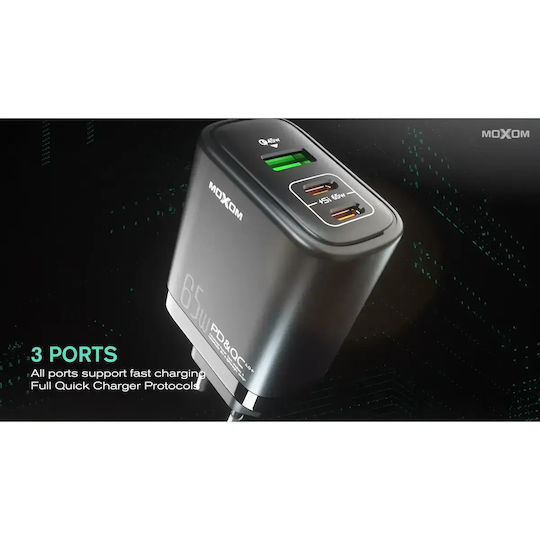 Moxom Charger Without Cable with USB-A Port and 2 USB-C Ports 65W Power Delivery / Quick Charge 4.0 Blacks (MX-HC74)