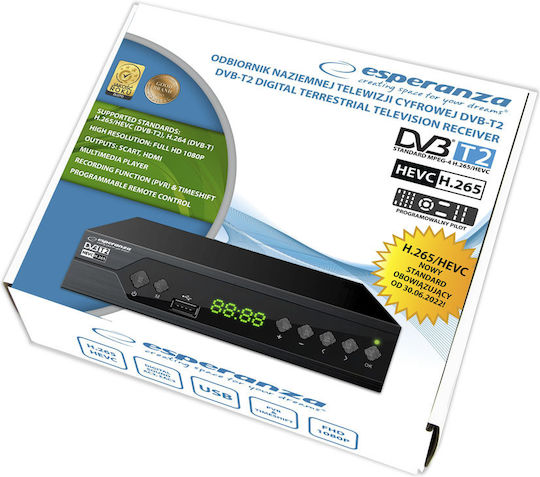 Esperanza Dvb-t2 H.265/hevc EV107P Mpeg-4 Digital Receiver SD (480p) Connections SCART / HDMI / USB