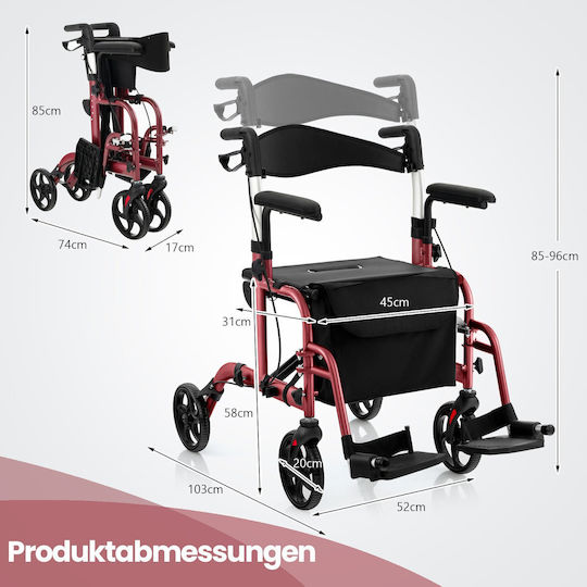 Costway Klappbarer Rollstuhl 103cm JH10013RE Rotes