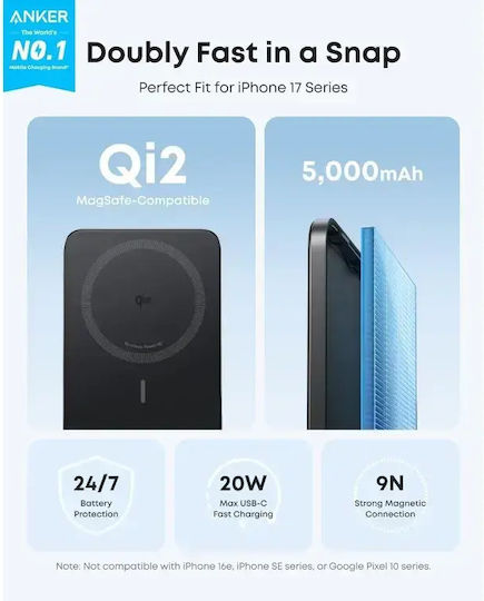 Anker Nano MagSafe Power Bank 5000mAh 15W cu Port USB-C Power Delivery Negru