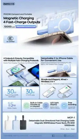 Remax MCP-1 Power Bank 10000mAh 30W με Θύρα USB-A και 2 Θύρες USB-C Power Delivery Μαύρο