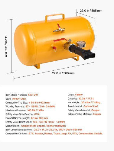 Vevor Φυσητήρας Στεφάνης Ελαστικών 10 Gal 37,9 L Βαρύ Καθήκον Εργαλείο Φυσητήρα Στεφάνης Ελαστικών Λειτουργική Πίεση 87-116 Psi Φυσητήρας Αέρα Atv Τρακτέρ Pickup Φορτηγό Jeep Rv Utv Κίτρινο